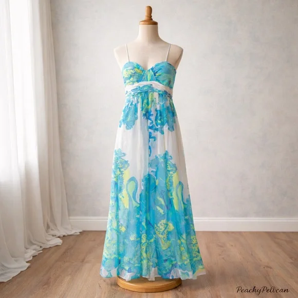 Caché Size 8 Blue Green Paisley Chiffon Maxi Dress Resort Evening Event Prom - Picture 11 of 11
